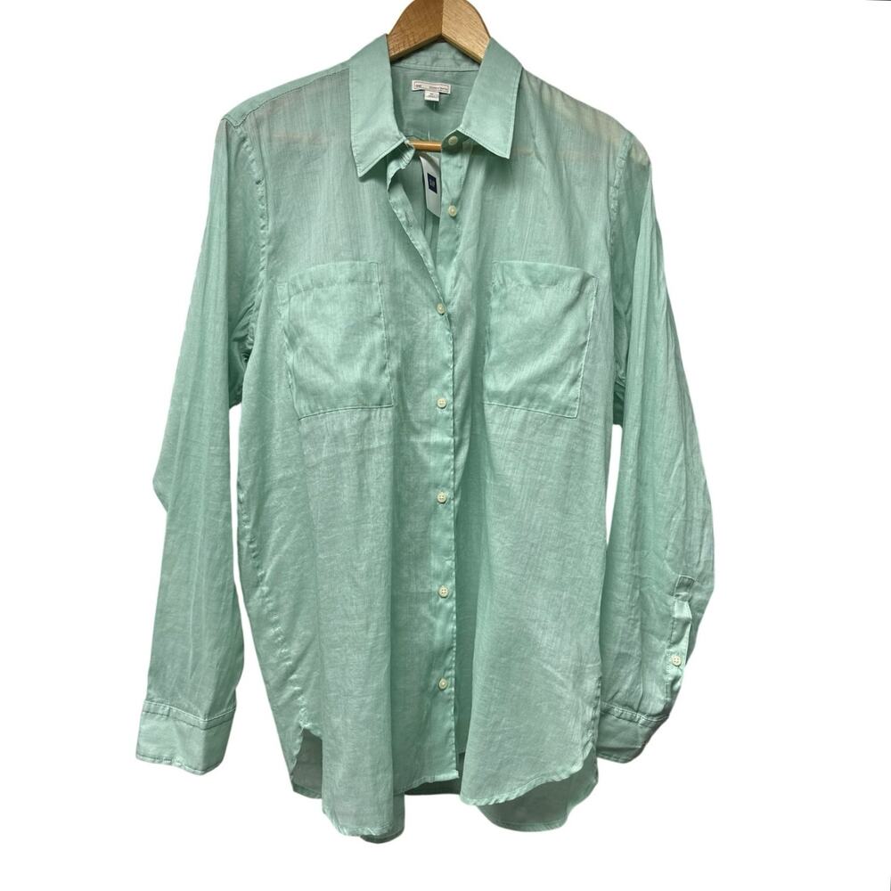 NWT Gap Double Pocket Blouse Size XL Long Sleeve Shirt Aqua Glass Semi Sheer